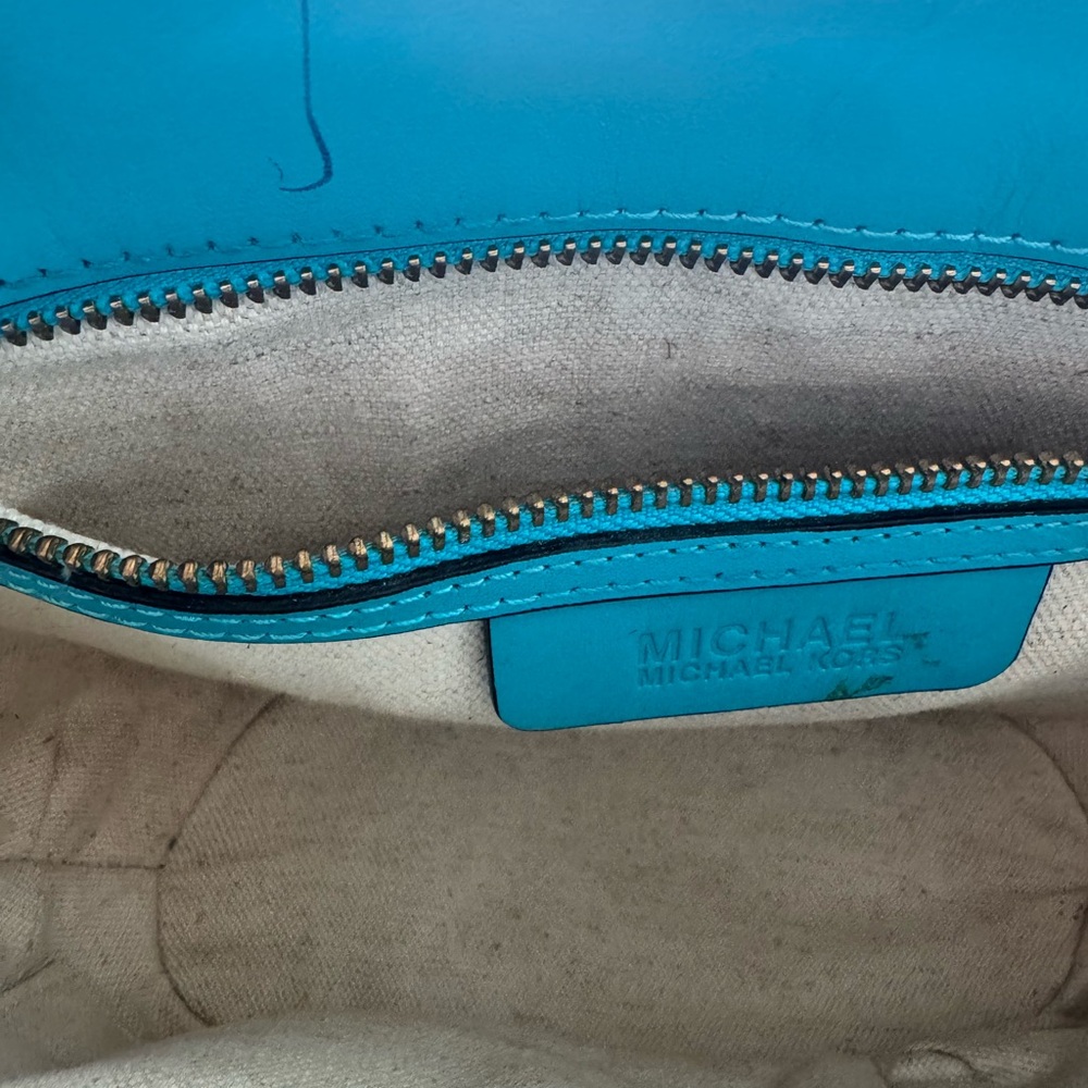 Michael Kors Straw Woven Tote Bag Turquoise Leather Gold Chain Small Summer Bag - Picture 14 of 14